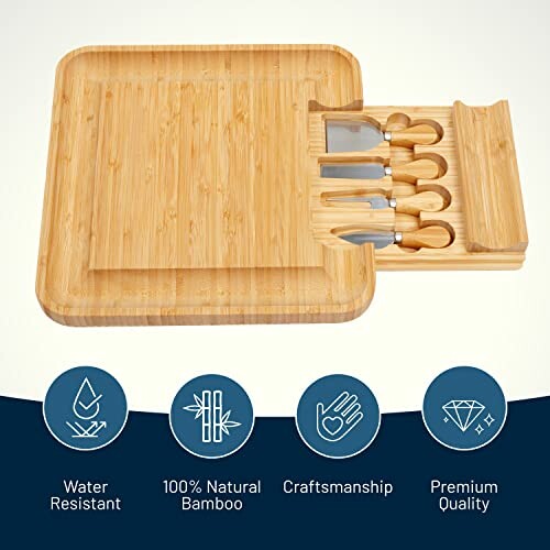 Bamboo cheese board set with knives and compartments.