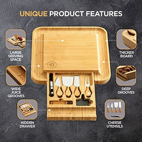 Bamboo cheese board with knife set and storage features.