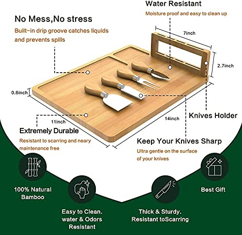 Bamboo cutting board with knife set and features highlighted.