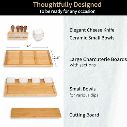 Charcuterie board set with cheese knife, ceramic bowls, and cutting board