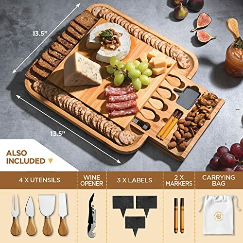 Wooden cheese board set with utensils, grapes, nuts, and meats.