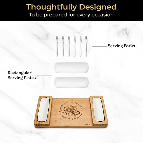 Cheese board set with serving plates and forks.