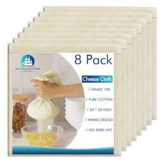 8 pack of cheese cloths with features listed, including grade 100, pure cotton, and no shed lint.