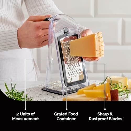 Person grating cheese with a clear container and sharp blades.