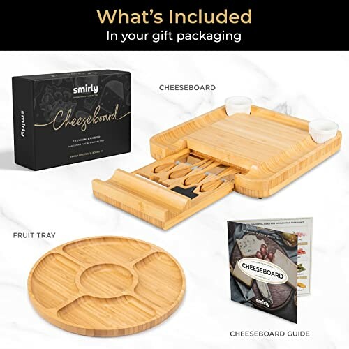 Cheeseboard set with packaging, board, fruit tray, and guide.