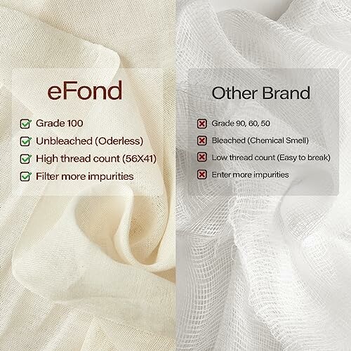 Comparison of eFond cheesecloth with other brand, highlighting features like grade, odor, thread count, and impurity filtering.