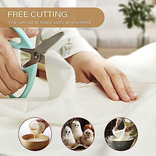 Person cutting fabric with scissors, highlighting free cutting feature.