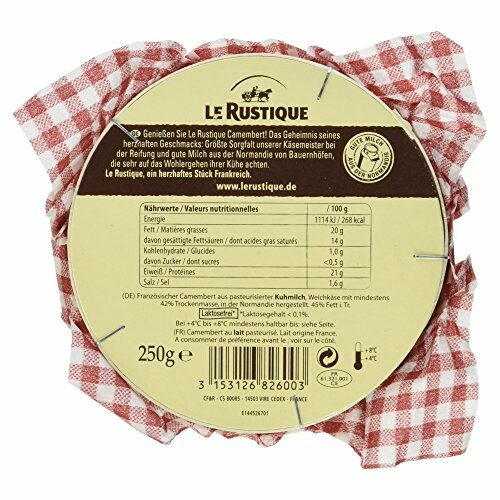 Le Rustique Camembert cheese packaging with nutritional information.