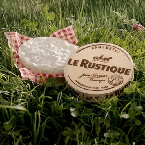 Le Rustique Camembert cheese on grass with lid.