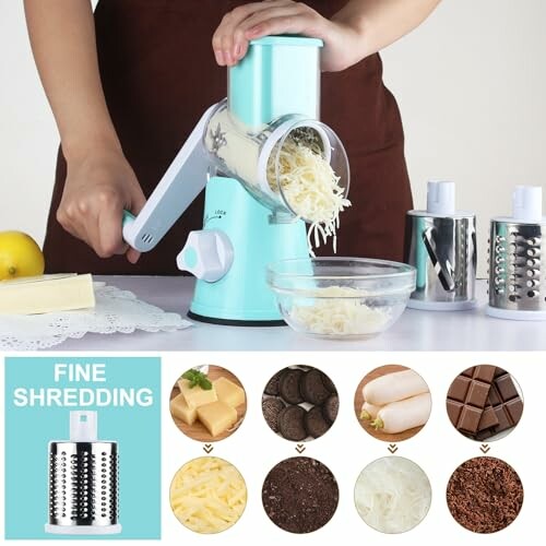 Person using a manual rotary cheese grater with different shredding options.