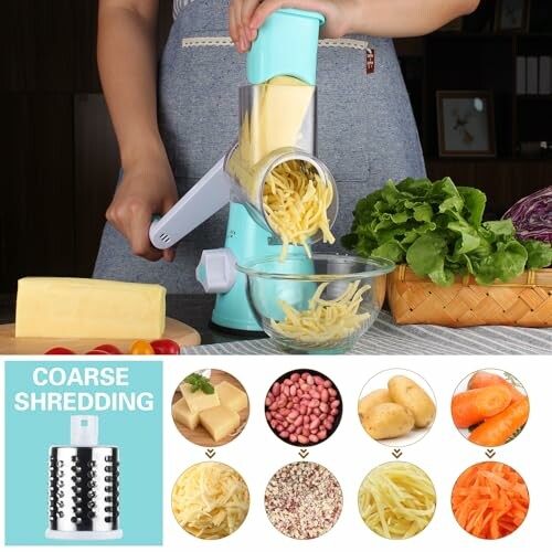 Person using a manual vegetable slicer to shred cheese, with various shredding options displayed below.