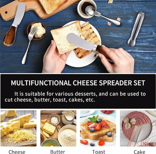 Multifunctional cheese spreader set with various uses for cheese, butter, toast, and cakes.