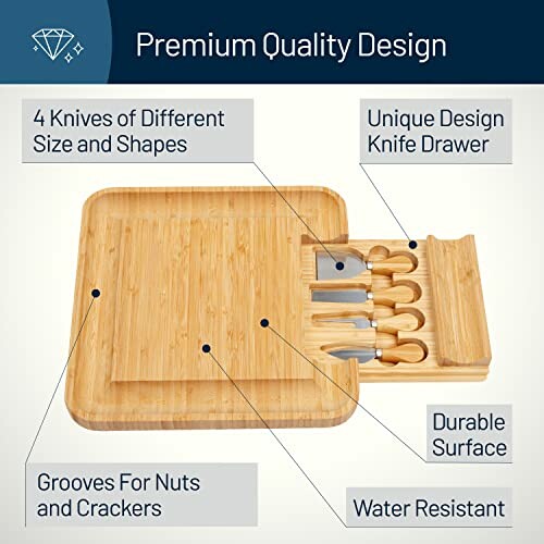 Cheese board set with 4 knives, unique drawer, durable and water-resistant surface, grooves for nuts.