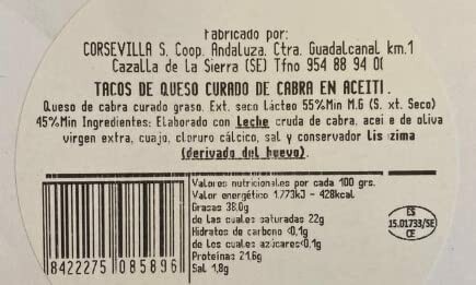 Label of Queso Curado de Cabra with nutritional information.