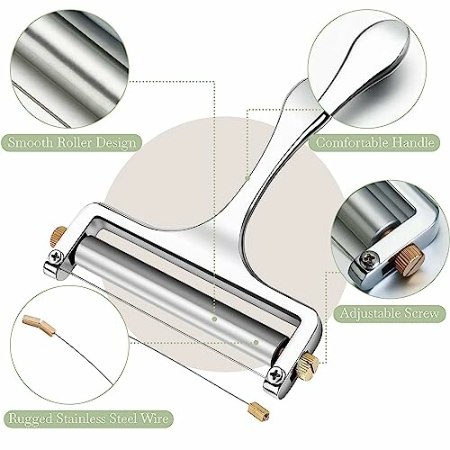 Stainless steel cheese slicer with smooth roller, comfortable handle, and adjustable screw.