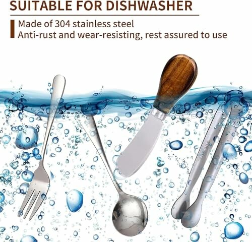 Cutlery in water with dishwasher safe text, featuring stainless steel utensils.