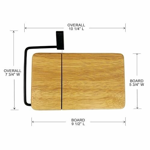 Wooden cheese slicer board with dimensions and wire cutter.